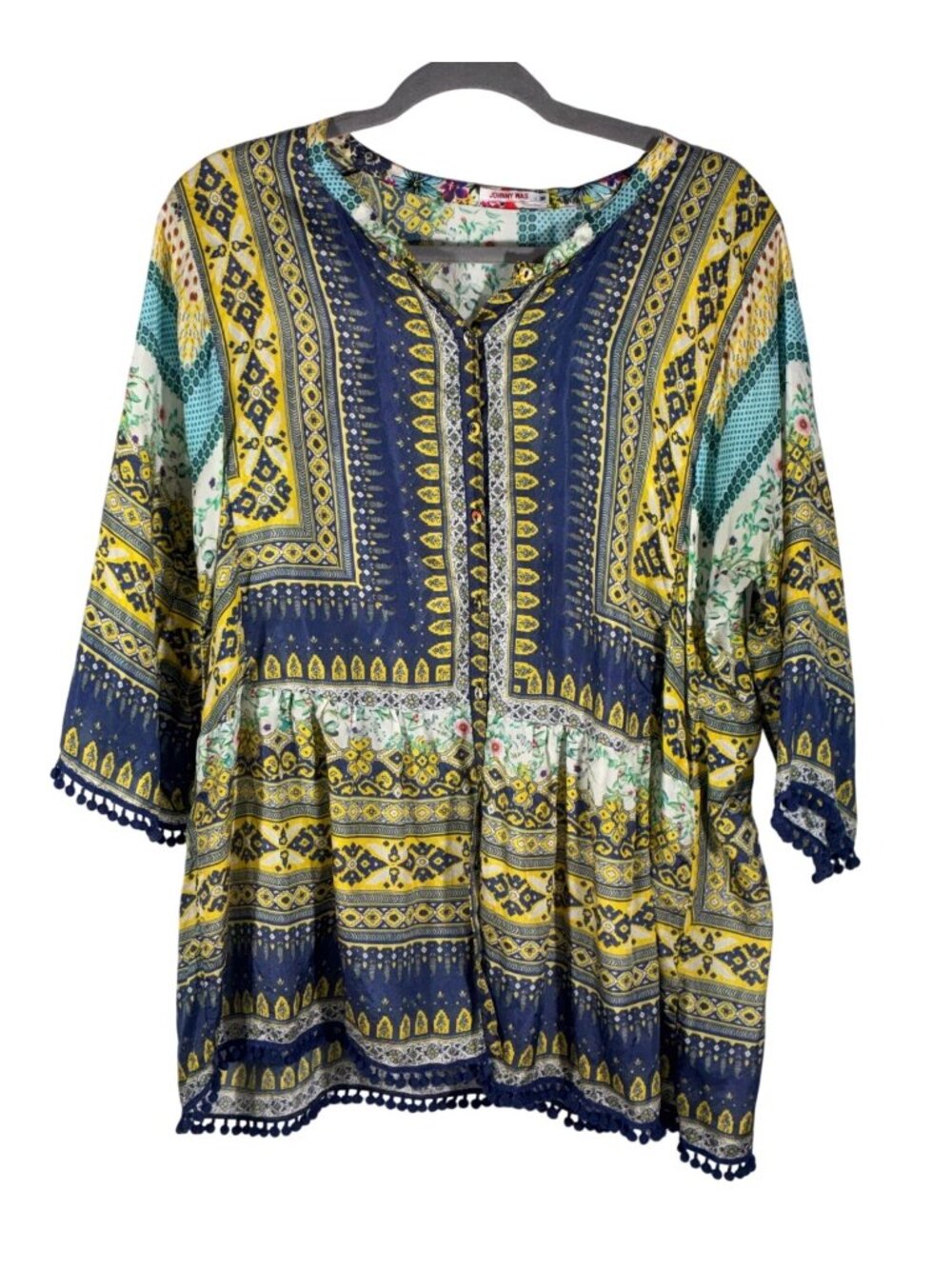 Johnny Was Theda Printed Silk Tunic top With Pompom Trim Multicolor M boho